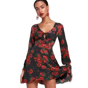 Long Sleeve Black Floral Tie-Front Mini Dress